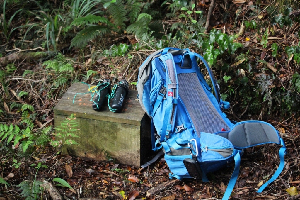 Bat recorders on top of a trap box with a volunteer's tramping pack nearby.