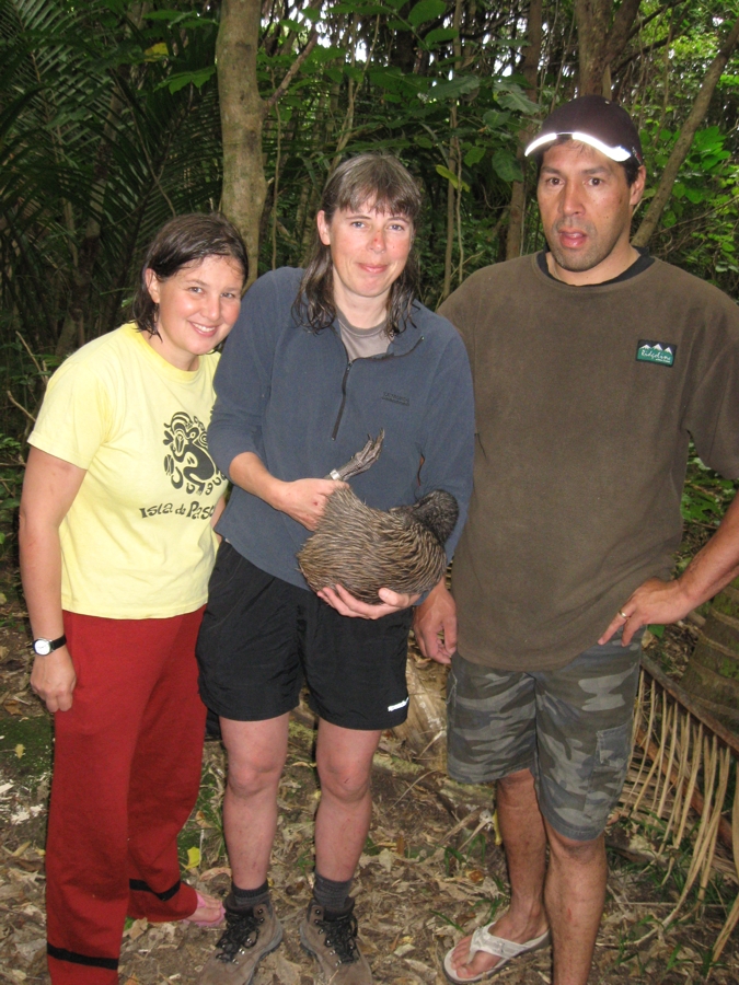 Kate, Susan and Anania (with kiwi held by Susan) on Little Barrier Island