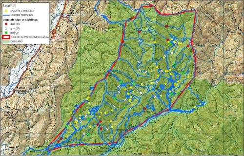 Map showing extent of recent ungulate control operation sponsored by DOC